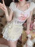 Znbbw Japanese Kawaii 2 Piece Set Women Sweet Party Cat Print Mini Skirt Suit Female Elegant Casual Cute Tops£«Lace Skirt 2024