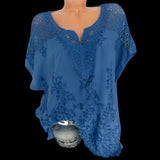 Znbbw Women Hollow V-Neck Embroidered Short-Sleeved Bat Sleeve Shirt Top Elegant Black/White/Blue Exquisite and Breathable Blouses