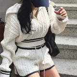 Znbbw Women Twist Knit 2 Piece Set Korean Fashion Zipper Loose Long Sleeve Tops Casual All Match Female High Waist Shorts Sets