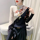 Znbbw Mesh T Shirts Lady Turtleneck Contrast Color Long Sleeve Positioning Printed Floral Tshirt Women's Fairy Base Tops