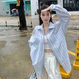 Znbbw Striped Print Shirts Women Loose Korean Long Sleeve Casual Button Top Y2K Female Summer Baggy All-Match Lapel Streetwear