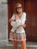 Znbbw Sleeve Women Autumn Embriodery Paisley Print Skirt Set Outfits V Neck Button Tiered Mini Skirt Dress Suit Vintage Set