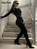 Znbbw Women Long Sleeve Bodycon Streetwear Black Jumpsuit Overalls One Piece Outfit 2023 Autumn Wholesale Items For Business