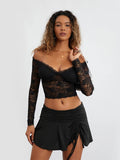 Znbbw Women's Off Shoulder Lace Sheer Crop Tops Spring Fall See-Through Long Sleeve Low Cut Slim Fit Short T-Shirts Basic Tees