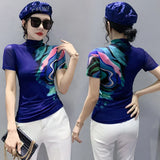 Znbbw Summer Women Half Turtleneck Short Sleeve T Shirts Lady Elastic Tops Tees Female Basic Fashion Printing Mesh T-Shirt