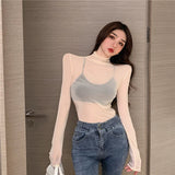 Znbbw T Shirts Women Transparent Tops Long Sleeve Slim Turtleneck Stretchy T-Shirt Autumn Tees