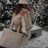 Znbbw Jackets Winter Turn Down Collar Overcoat With Bags Casual Loose Outwear Long Breasted Elegant Warm Thickened Coats Parkas