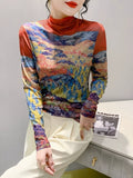 Znbbw Women's Fashion Printing Long Sleeve Half High Neck Mesh T-shirts Female Positioning Flower T Shirt FF0966