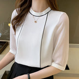 Znbbw Women White Blouse Short Sleeve Blouse Women O-Neck Chiffon Blouse Shirt Tops Women Blusas Mujer De Moda 2023 Blouses F97