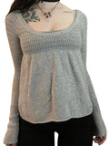 Znbbw Women Autumn Fashion Cropped Knitted Tops Solid Color Cutout Round Neck Long Sleeve Shirts Spring Exposed Navel Streetwear