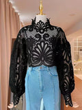 Znbbw Summer New Fashion Blouse Female Hollow Lantern Sleeve Temperament Blusa Stand-up Collar Slim Short Lace Shirt C342