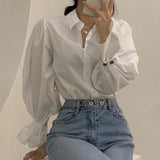 Znbbw White Elegant Puff Sleeve Blouse Women Spring Lapel Neck Single Breasted Blusas Mujer Loose All Match Shirts Tops