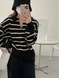 Znbbw retro casual striped pullover sweater knitted pullover women autumn and winter new loose long sleeve wind top women