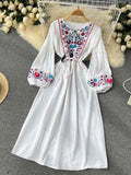 Znbbw Style Retro Embroidered Dress Women's Mid-length Waist Slim Lantern Sleeves Literary Gentle A-line Vestidos Women D1031