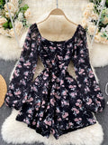 Znbbw New Spring Summer Women's Jumpsuit Dress V-neck Puff Sleeves Sweet Folds Slim Slimming Floral Wide-leg Shorts UK770