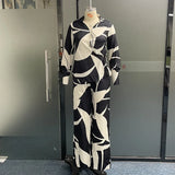 Znbbw Women Two Piece Set Casual Printed Lapel Long Sleeve Shirt Cutout IrregularTop Loose Wide Legs Pants Sets Streetwear