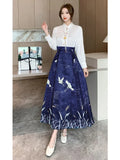 Znbbw Women Spring Autumn New Chinese Style Printing Leisure Time Temperament Hanfu Horse Face Skirt Satin Fabric Long Skirt  D5322