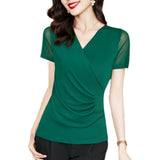 Znbbw Elegant T Shirts Women Crossed V Neck Mesh Pleated Tops Tees Female Short Sleeve Stretchy Slim T-Shirt