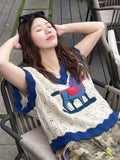 Znbbw Sweet Knitwears Vest Contrast Color Cartoon Embroidery Sweater Hollow Out V Neck Sleeveless Crop Tops Summer Thin Jumpers