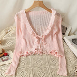 Znbbw Ruffles Cardigan Slim Women Casual Transparent Sweater Shirts Lady Thin Solid Coats Female Crop Top