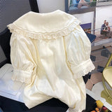 Znbbw Women Shirt Peter Pan Collar Floral Embroidery Hollow Out Ruffles Blouses French Casual Fashion Sweet Short Puff Sleeve Tops