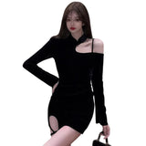 Znbbw Off Shoulder Hanging Neck Dress Tight Sexy Long Sleeve Slim Fit Mini Dress