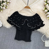 Znbbw Sweet Cropped T-shirt Women Beading Ruffles Slash Neck Crop Tops Girls High Stretchy Fashon Tee Shirts