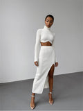 znbbw Autumn Sexy Solid Ribbed 2 Two Piece Sets Club Outfit For Women 2023 Long Sleeve O Neck Crop Top And Skirt Sets Female