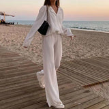 Znbbw Women Two Piece Set Loose Elegant Pleated Blouses and High Waist Wide Leg Trousers Casual Matching Sets Ladies Female Outfits