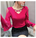 Znbbw Spring Summer T-shirts Women V-neck Ruffles Long Sleeve Solid Mesh Elastic Tops Tees Female Fashion Diamonds T Shirt