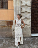 Znbbw O Neck Hollow Out Skirt Set Women Chic Hook Flower Sleeveless Top Irregular Skirt Suit 2024 Spring Lady Elegant Outfit