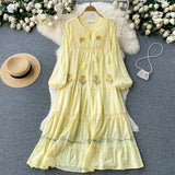 Znbbw Autum New Bohemian Holiday Style V Neck Dress Female Puff Sleeves Loose Large Version Mid-length Vestidos Women D1331