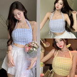 Znbbw Women's Plaid Tank Top With Lace Up Slim Fitting Navel Exposed Tank Top