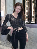 Znbbw Women Spring Summer Sexy V-neck Cross Cutout Strap Sequins Slim Fit Flared Sleeve Short T-shirt D0311