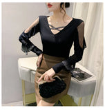 Znbbw Spring Summer T-shirts Women V-neck Ruffles Long Sleeve Solid Mesh Elastic Tops Tees Female Fashion Diamonds T Shirt