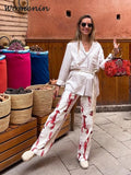 Znbbw Cartoon Lobster Women Pants Sets Lace Up Short Puff Sleeve Shirts Wide Leg Trousers 2024 Summer Casual Lady 2 Pieces Suit