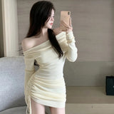 Znbbw Shoulder Long Sleeved Knitted Dress for Women's Autumn And Winter Drawstring Pleated Waist Wrap Hip Skirt