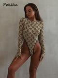 znbbw Fashion Mesh Sheer Sexy Bodycon Bodysuits For Women Letter Print One Piece Long Sleeve Tops High Rise Bodysuits 912 0410