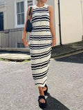 Znbbw Women's Casual Long Dress O-Neck Sleeveless Contrast Color Striped Knitted Summer Slim Fit Holiday Beach Dresses