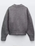 Znbbw O-neck Women Short Cardigan Retro Zipper Long Sleeve Knitted Sweater Female 2024 Casual Loose Solid Patchwork Sweaters
