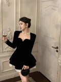 Znbbw Women Spring Autumn Vestidos French Hepburn Style Temperament Sexy Leisure Time Long Sleeved Black Velvet Evening Dress D5336