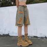 Znbbw Women Vintage Hole Denim Shorts Y2K Hip Hop High Street Jeans Shorts Bf Summer Baggy All Match Wide Leg Short Pants