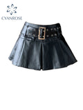 Znbbw Women Leather Skirts Vintage Female Streetwear Korean High Waist Fashion Y2k Black Gothic Punk Silver A-line Pleated Mini Skirt