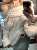 Znbbw Y2k Sexy Knitted Sweaters Women Off Shoulder Pearl Plush Ball Sweet Pullovers Famele Long Sleeves Casual Tops 2024 New