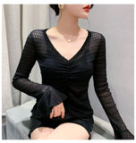 Znbbw V-neck Jacquard Flare Long Sleeve T-shirt Women's See Throught Pleated Cropped Slim Fit T Shirts Tops BH1906