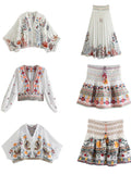 Znbbw Sleeve Women Autumn Embriodery Paisley Print Skirt Set Outfits V Neck Button Tiered Mini Skirt Dress Suit Vintage Set