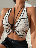 Znbbw Women Bikini Tops Contrast Color Sleeveless Bandage Backless Knit Crochet Butterfly Swimsuits Tops Beachwear new
