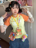 Znbbw Sweet T Shirt Short Sleeve Letter Print Aesthetics Contrast Color Crop Tops Summer Preppy Style Y2k 2000s Girl Clothing