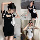 Znbbw Version Round Neck Hollowed Out Dress Color Fashionable Slim Fitting Short Sleeved Dress