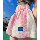 Znbbw High Waist Women Sports Shorts Summer Korean Tie Dye Loose Wide Leg Pants Casual Female Streetwear Fluorescent Pink Shorts